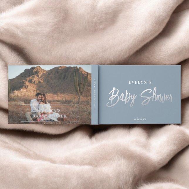 Foto Brush Script Elegant Blue Baby Shower Gästebuch (Von Creator hochgeladen)