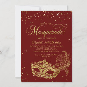 Foto Burgund Gold Glitter Maskenball Geburtstag Einladung