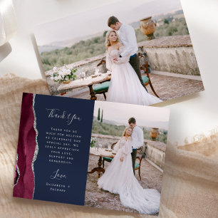 Foto Burgunder Achat Silber Schrift Navy Hochzeit Dankeskarte