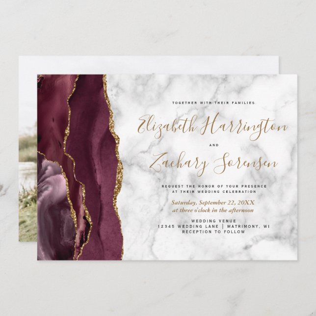 Foto Burgundy Gold Agate Marble Wedding Einladung (Vorne/Hinten)