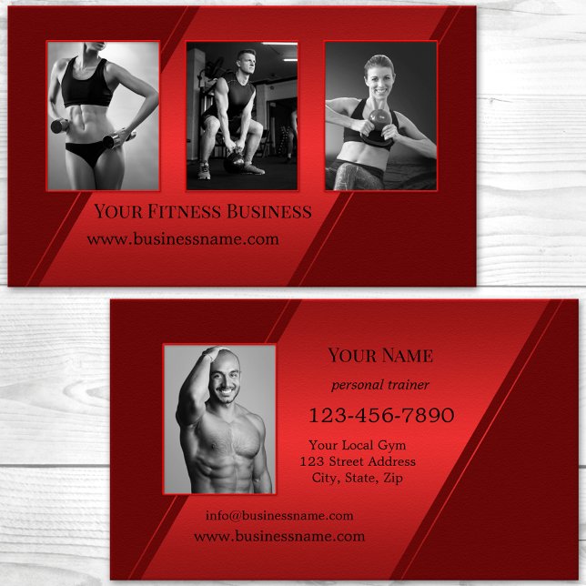 Foto Burgundy Red Personal Trainer Fitness Visitenkarte (Fitness or professional personal trainer business card in red and burgundy with custom photos)