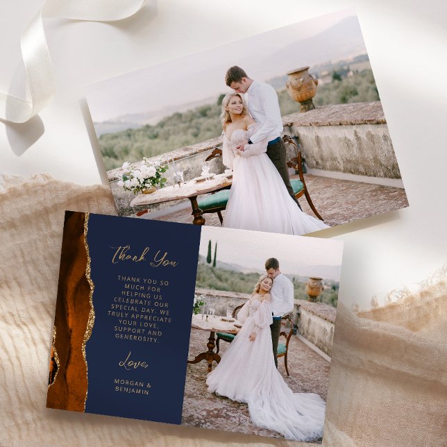 Foto Burnt Orange Agate Navy Gold Script Hochzeit Dankeskarte (Von Creator hochgeladen)