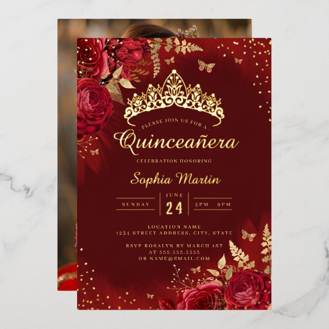 Foto Butterfly Red Gold Floral Quinceanera Folieneinladung (Vorderseite/Rückseite)