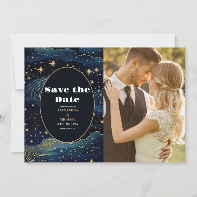 Foto Celestial Midnight Blue Stars Moon Wedding Save The Date (Vorderseite)