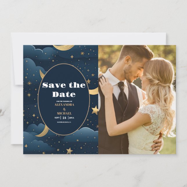 Foto Celestial Midnight Blue Stars Moon Wedding Save The Date (Vorderseite)