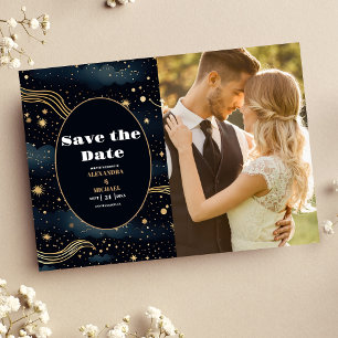 Foto Celestial Midnight Blue Stars Moon Wedding Save The Date