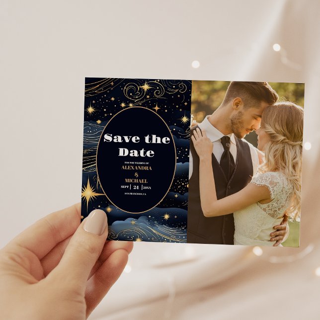 Foto Celestial Midnight Blue Stars Moon Wedding Save The Date (Von Creator hochgeladen)