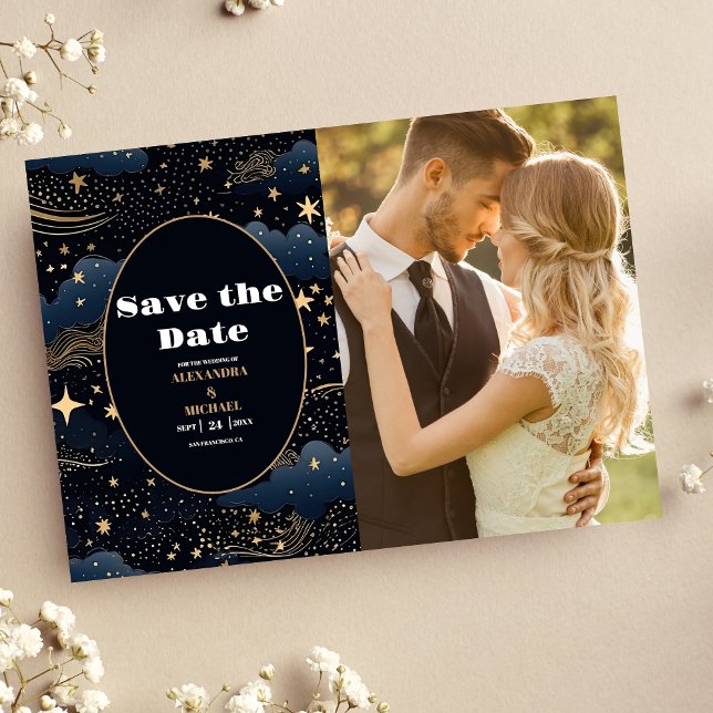 Foto Celestial Midnight Blue Stars Moon Wedding Save The Date (Von Creator hochgeladen)