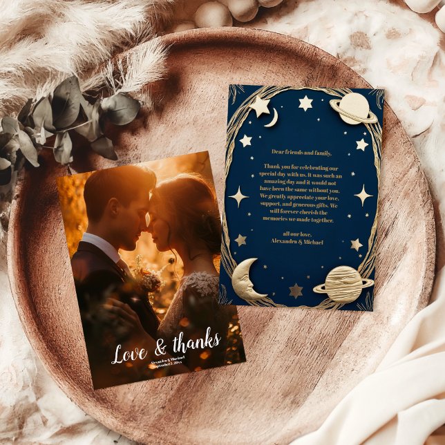 Foto Celestial Navy Gold Crescent Moon Hochzeit Dankeskarte (Von Creator hochgeladen)