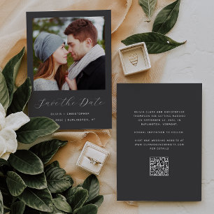 Foto Charcoal Graue Script QR Code Save The Date