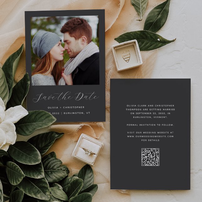 Foto Charcoal Graue Script QR Code Save The Date (Von Creator hochgeladen)