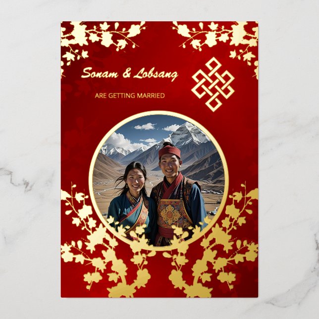 Foto Cherry Blossom tibetische Hochzeit Folieneinladung (Vorderseite)