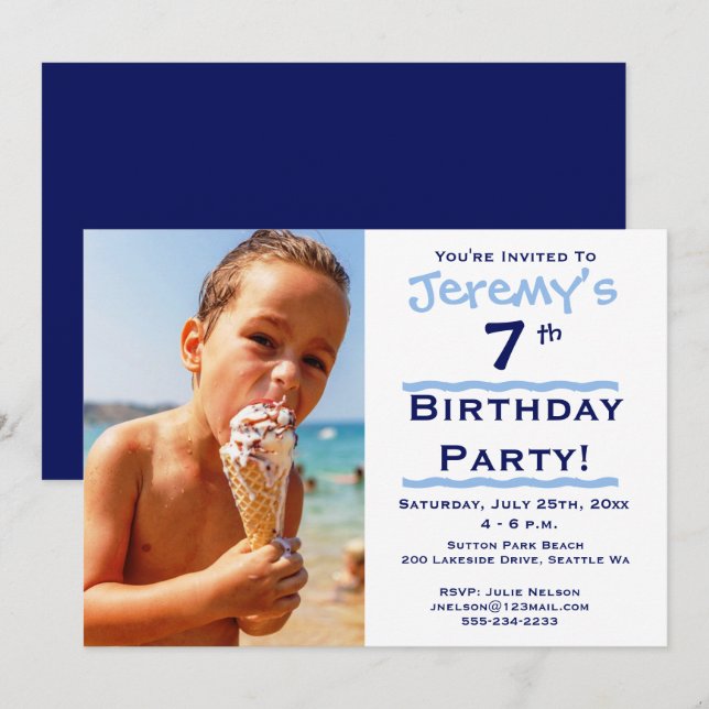 Foto Child's Blue Birthday Party Einladung (Vorne/Hinten)