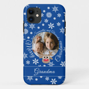 Foto Christmas Blue Niedlich Reindeer White Script Case-Mate iPhone Hülle