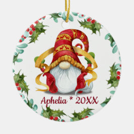 FOTO Christmas Gnomes Holly Berry Wreath Holiday Keramik Ornament