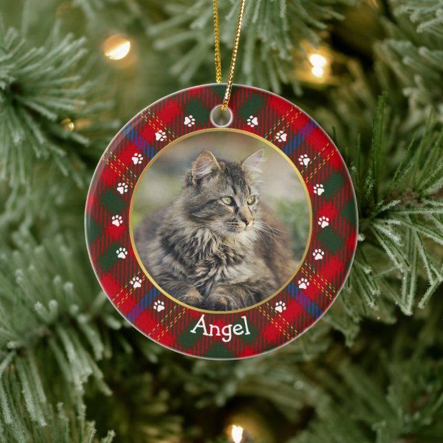 Foto "Christmas Red Green Kariert Cats" - Rahmen u Keramik Ornament (Baum)