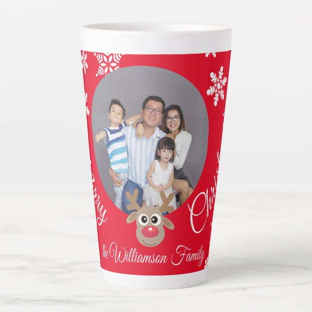 Foto Christmas Red Niedlich Reindeer White Script Milchtasse (Vorderseite)