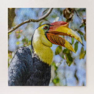 Foto Closeup Wrinkled Hornbill Bird Blätter Square Puzzle