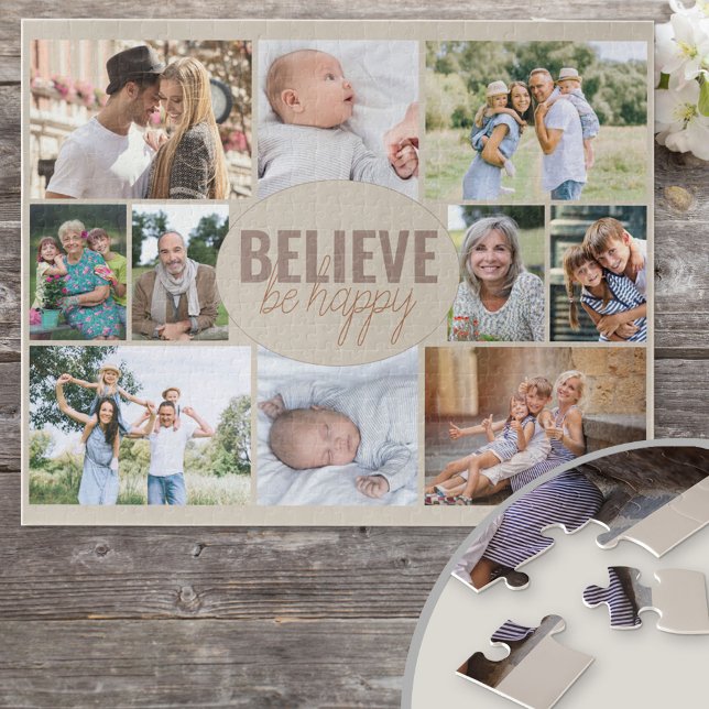 Foto Collage 10 Family Foto ist glücklich Puzzle (520 piece jigsaw puzzle with 10 of your favorite photos framing believe be happy quote)