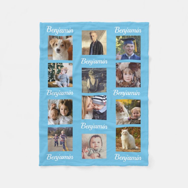 Foto-Collage 12 Instagram Bild-Kindernamen-Blau Fleecedecke (Vorderseite)