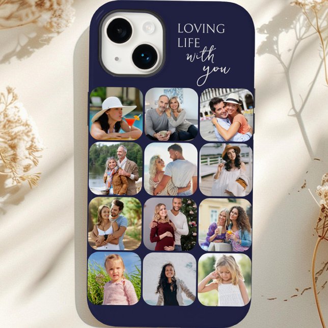 Foto Collage 12 Picture Grid Loving Life with you Case-Mate iPhone Hülle (Dark Purple iphone case with 12 picture photo collage by Darling & May)