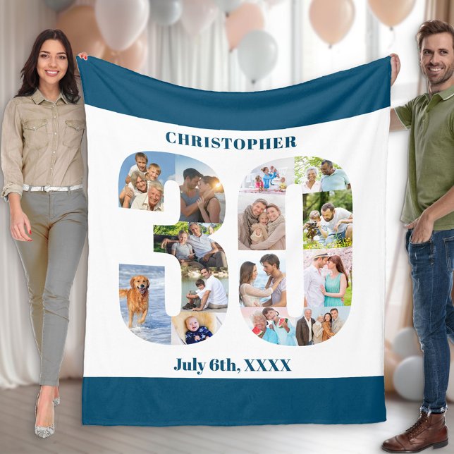 Foto Collage 30. Geburtstag Blue White Picture Fleecedecke (Von Creator hochgeladen)