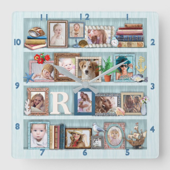 Foto Collage Beach Bookcase für Familien Personali Quadratische Wanduhr (Vorderseite)