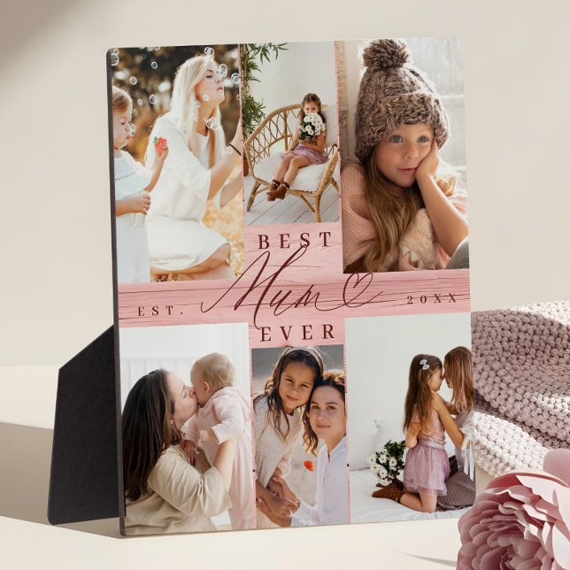 Foto Collage Beste Mama-Familie Rosa Holzkörner Fotoplatte (Best Mum Ever Family Photo Collage Pink Woodgrain Plaque)