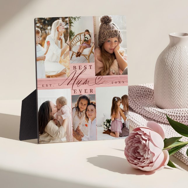 Foto Collage Beste Mama-Familie Rosa Holzkörner Fotoplatte (Best Mum Ever Family Photo Collage Pink Woodgrain Plaque)
