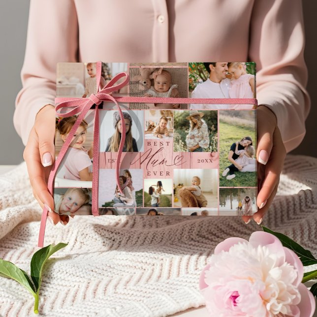 Foto Collage Beste Mama-Familie Rosa Holzkörner Geschenkpapier Set (Best Mum Ever Family Photo Collage Pink Woodgrain Wrapping Paper Sheets)