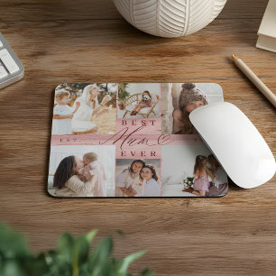 Foto Collage Beste Mama-Familie Rosa Holzkörner Mousepad