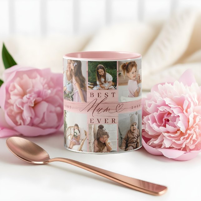 Foto Collage Beste Mama-Familie Rosa Holzkörner Tasse (Best Mum Ever Family Photo Collage Pink Woodgrain Mug)