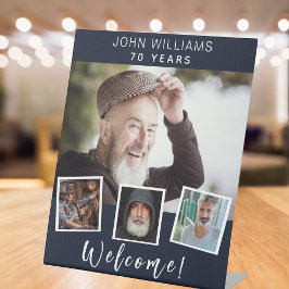 Foto Collage Blue White Geburtstagsparty Begrüßung Sockelschild