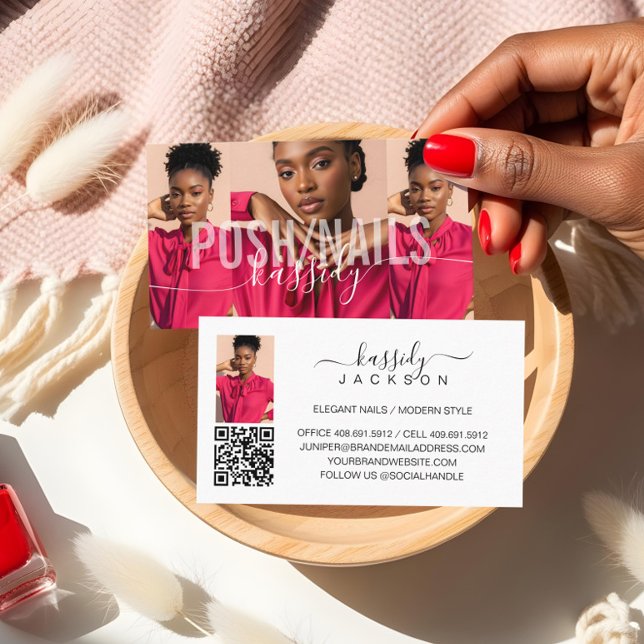 Foto Collage Bold Name Script Kalligrafie QR Code Visitenkarte (Photo Collage Bold Name Script Calligraphy QR Code Business Card)