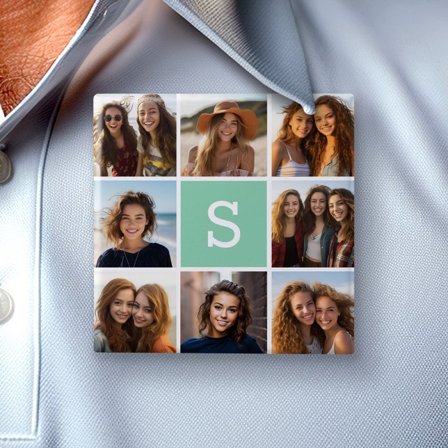 Foto Collage Custom Monogram Minze Green Button (Custom Photo Button)