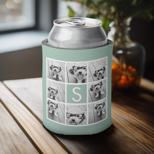 Foto Collage Custom Monogram Minze Green Dosenkühler (Personalized can cooler with an area to add photos and custom text)