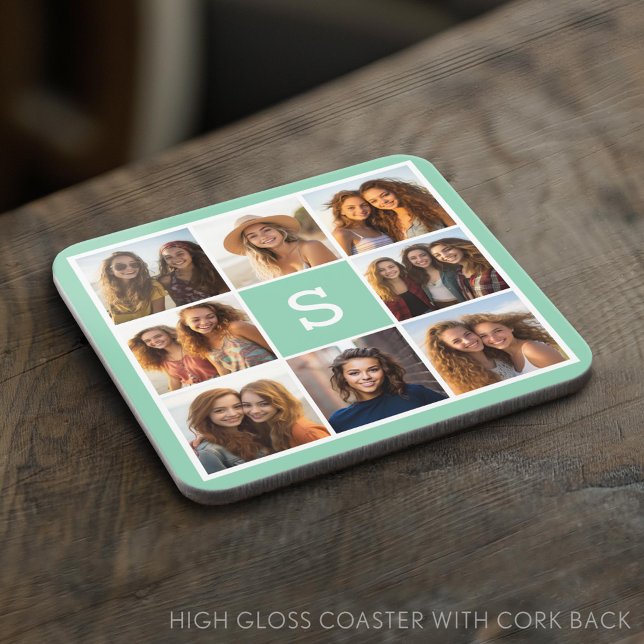 Foto Collage Custom Monogram Minze Green Getränkeuntersetzer (Custom Photo Collage Coaster)