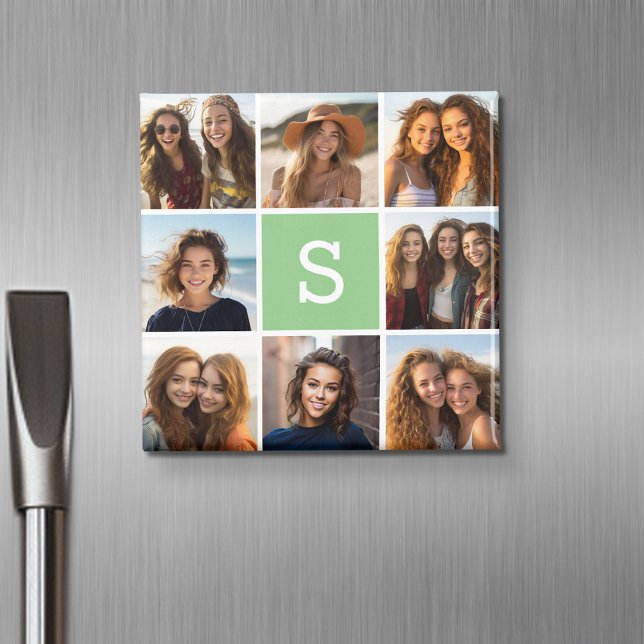 Foto Collage Custom Monogram Minze Green Magnet (Personalized fridge magnet with photos and custom text)