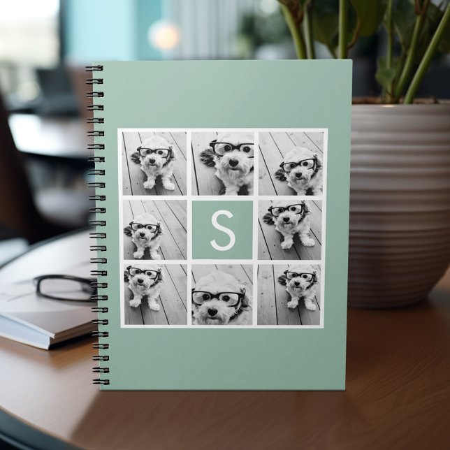 Foto Collage Custom Monogram Minze Green Notizblock (Personalized notebook - add photos and your name or other text)