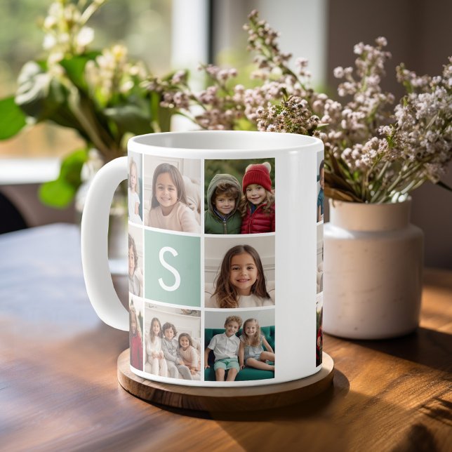 Foto Collage Custom Monogram Minze Green Tasse (Mug template with 8 photos and a Monogram)