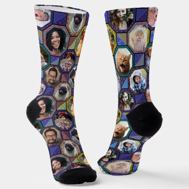 Foto Collage der Familie Easy Dark Quilt Look 12 B Socken (Gewinkelt)