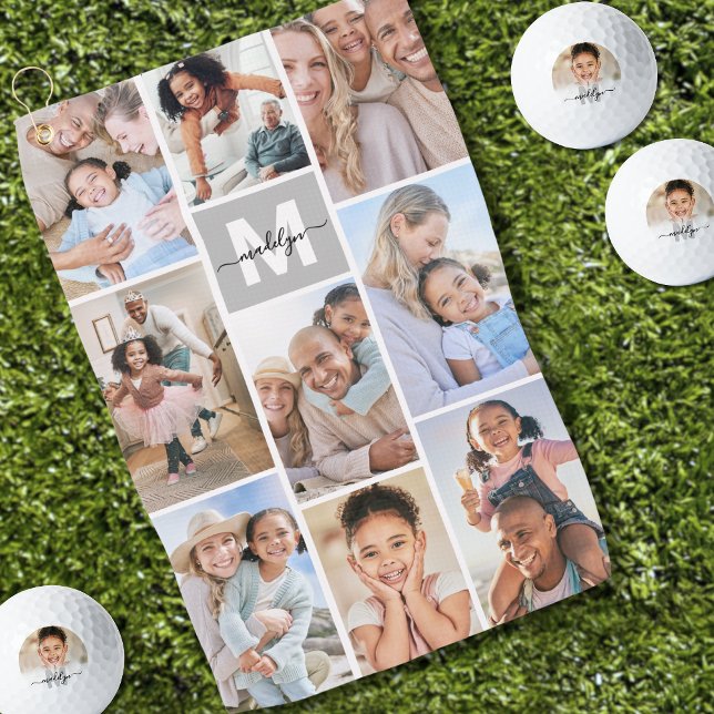 Foto Collage Einfaches Monogramm Bild Golfhandtuch (Photo Collage Simple Monogram Picture Golf Towel)