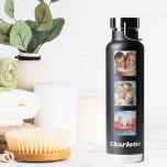Foto Collage Familienfreunde nennen schwarz Trinkflasche<br><div class="desc">Ein klassischer schwarzer Hintergrund. Personalisieren und fügen Sie Ihre eigenen Fotos von Familie und Freunden. Fügen Sie Ihren Namen,  weiße Buchstaben hinzu.</div>