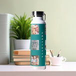 Foto Collage Familienname aquamarin Trinkflasche<br><div class="desc">Personalisieren und fügen Sie 9 Fotos von Familie,  Freunden,  Haustieren. Fügen Sie Ihren Vornamen und Familiennamen weiße Buchstaben hinzu. Aquamariner,  grüner Hintergrund</div>