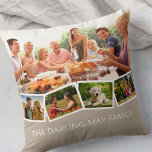 Foto Collage Familienname ZigZag Foto Strip Kissen<br><div class="desc">Personalisieren Sie dieses glückliche Kissen mit Ihren Lieblings-Fotos. Die Vorlage ist für das Hinzufügen von bis zu 5 Fotos und Ihrem Familiennamen (oder benutzerdefinierten Text) zum Set bereit. Das Foto wird als Hintergrund verwendet und die restlichen 4 Foto werden in einem Zickzack-Foto am unteren Rand dargestellt. Das Design ist in...</div>