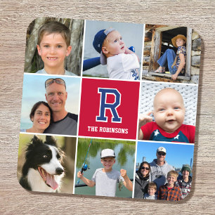 Foto Collage Family Mit Monogramm Crimson Navy Getränkeuntersetzer