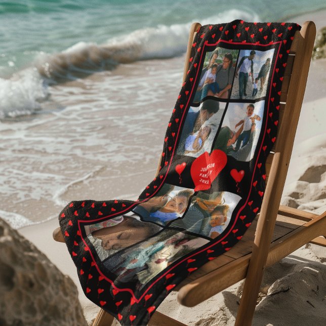 Foto Collage Family Personalisiert Red Heart & Nam Strandtuch (Photo Collage Family Personalized Red Heart & Name Beach Towel)