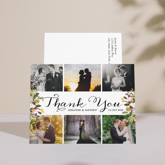 Foto Collage Floral Wedding Danke Postcard Postkarte (Von Creator hochgeladen)