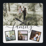 Foto-Collage für Familie 4 personalisiert Quadratische Wanduhr<br><div class="desc">Einzigartig von Ihnen personalisiert - 4 Foto-Collage-Vorlage mit Typografie-Detail - Familienthemensuhr aus Ricaso</div>