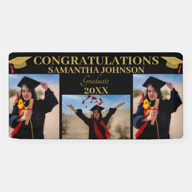 Foto Collage Gold Text Graduate Black Banner (Horizontal)